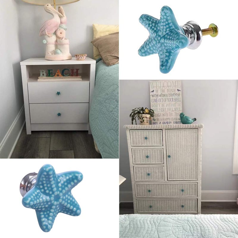 ZILucky Starfish Ceramic Drawer Pulls Handles for Nursery Dresser Cupboard Wardrobe Cabinet Kitchen Beach Ocean Theme Knobs Pack of 6 (Blue) - Image 5
